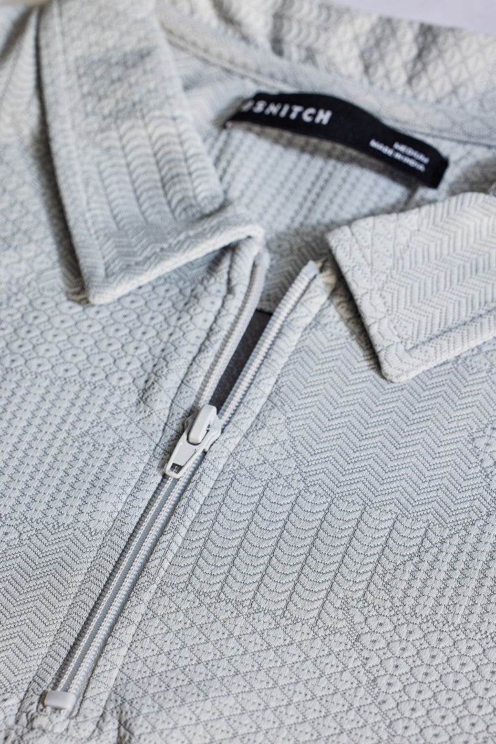 Grey Zipper Textured Polo T-Shirt