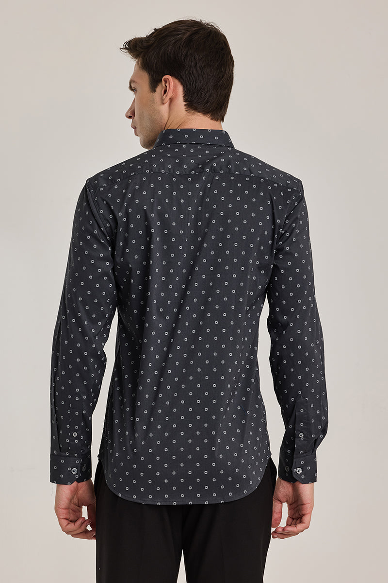 Charcoal Grey Slim Fit Geometric Shirt