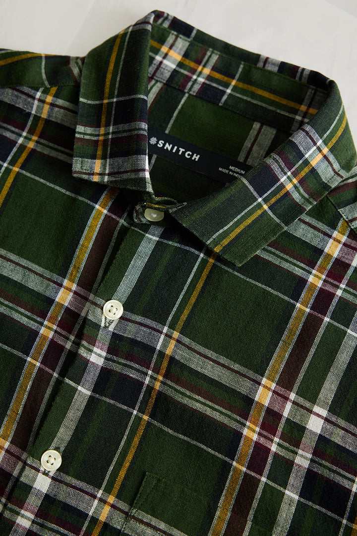 Dark Green Checks Linen Shirt