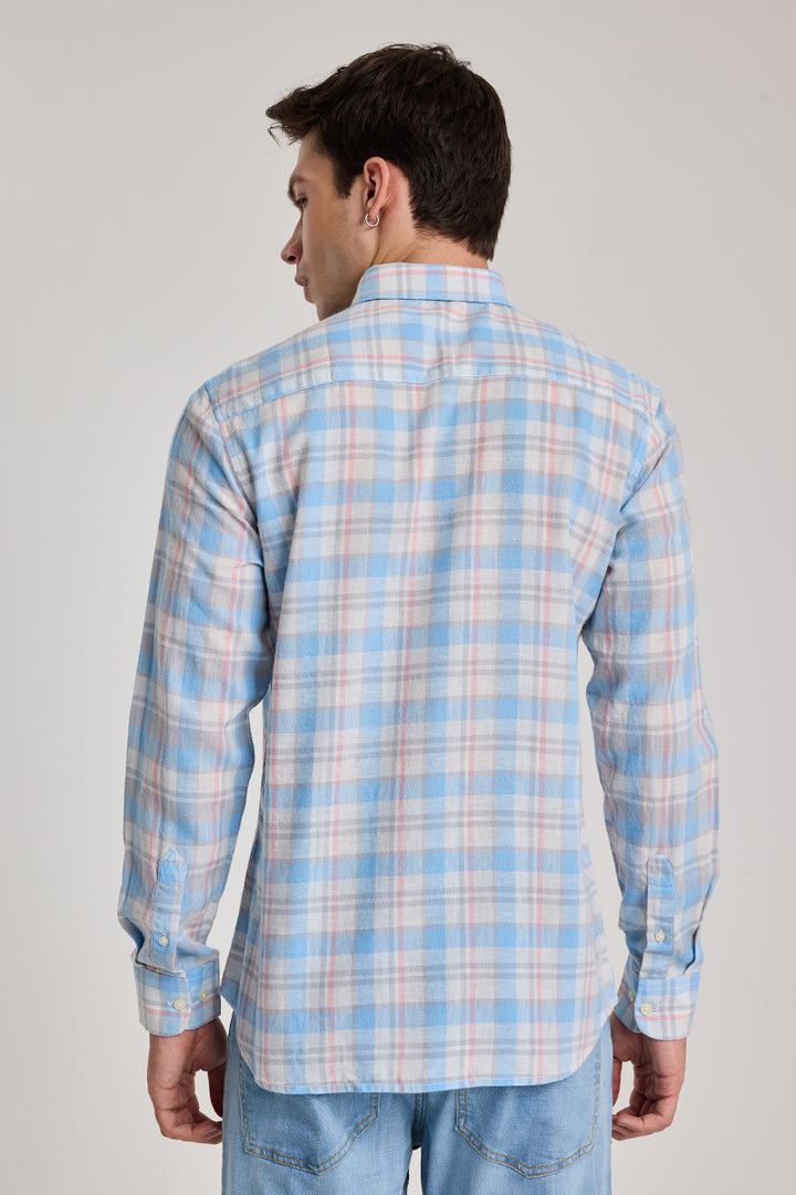 Light Blue Checks Linen Blend Shirt