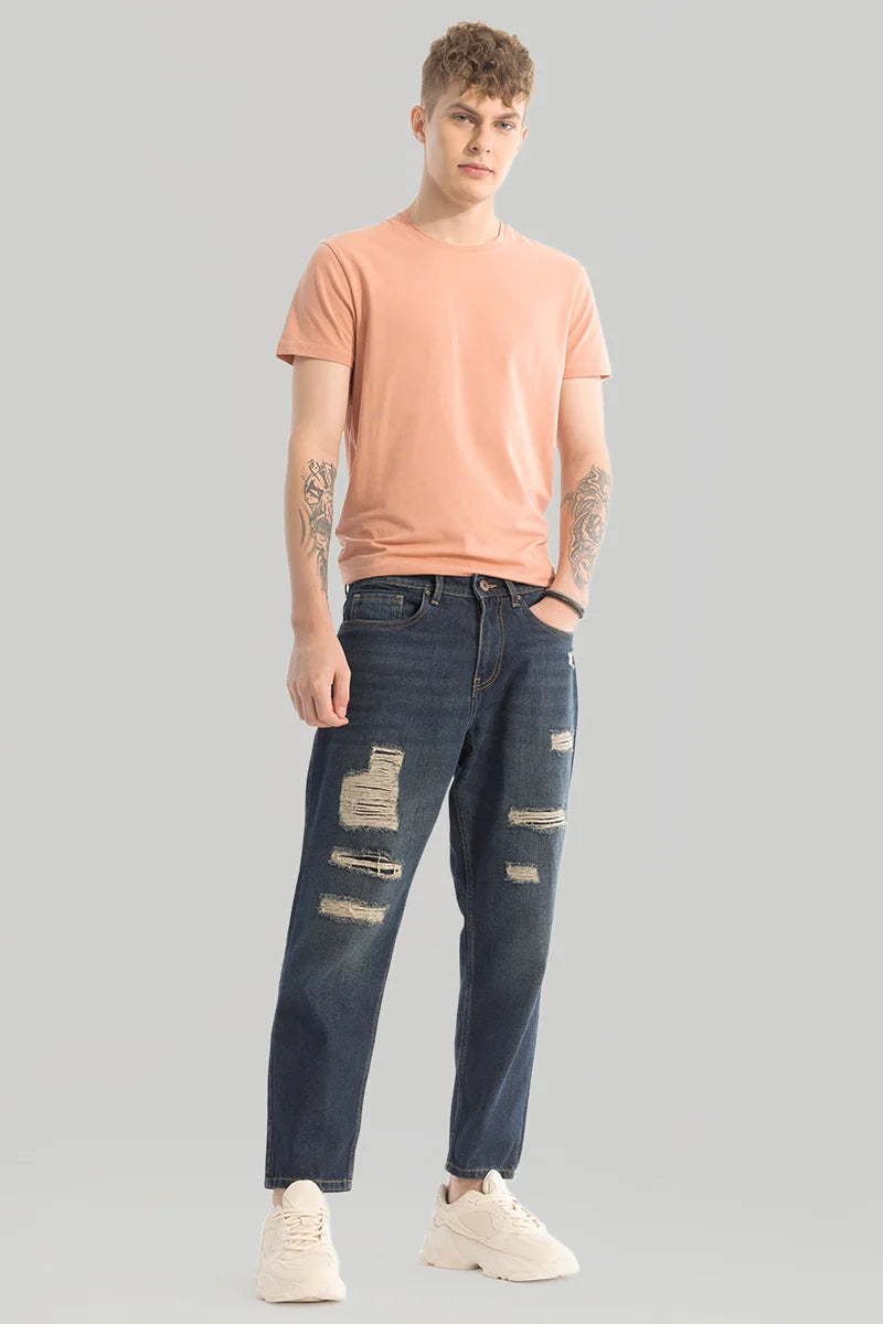 Dark Blue Distressed Baggy Fit Jeans