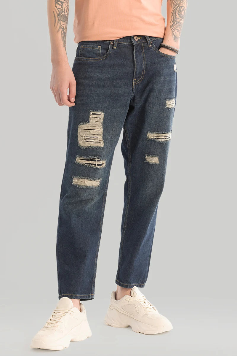 Dark Blue Distressed Baggy Fit Jeans