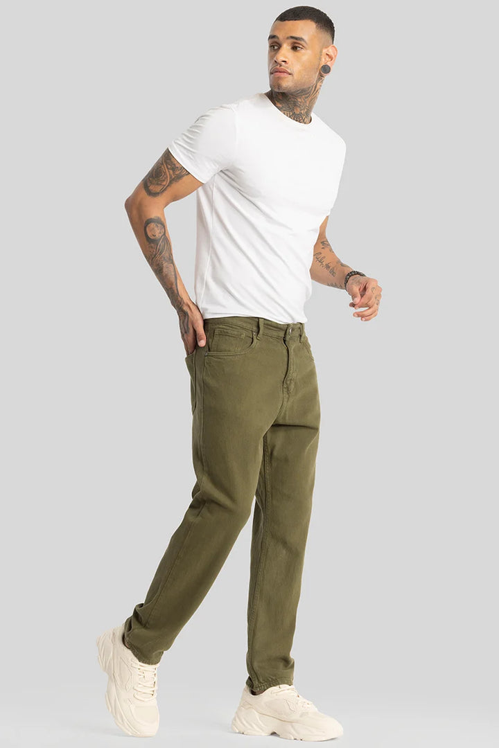 Olive Plain Baggy Fit Jeans