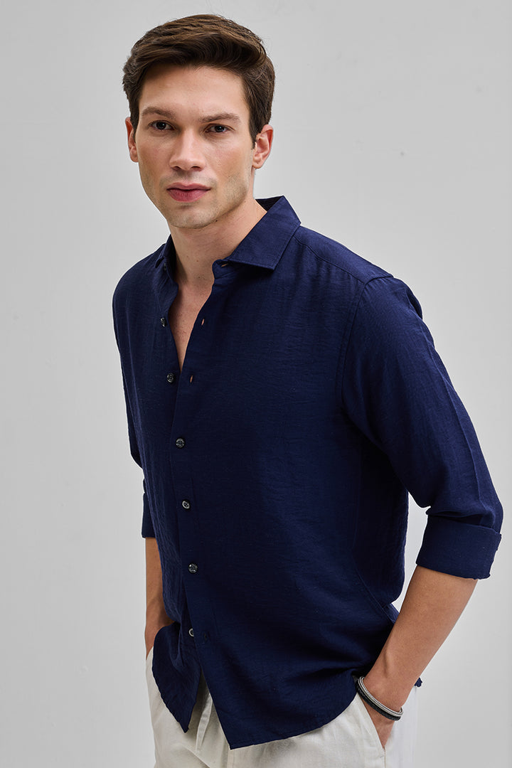 Navy Textured Linen Blend Shirt