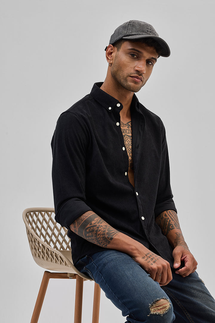 Black Slim Fit Corduroy Shirt