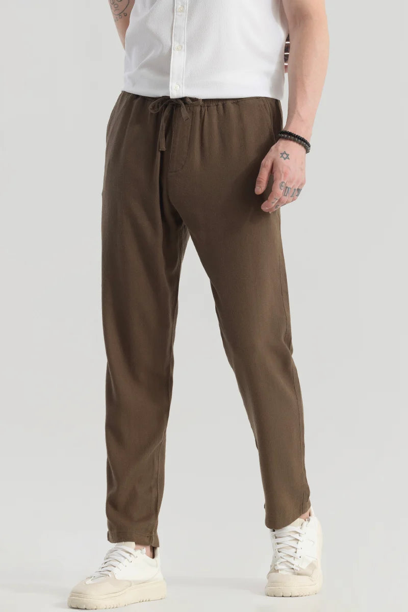 Ragna Brown Plain Relaxed Fit Joggers