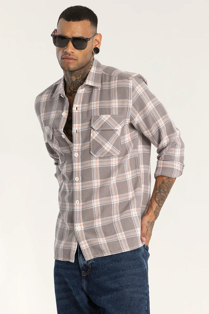 Grey Double Pocket Checks Shirt