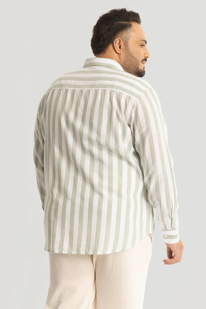 Light Green Stripes Linen Blend Plus Size Shirt