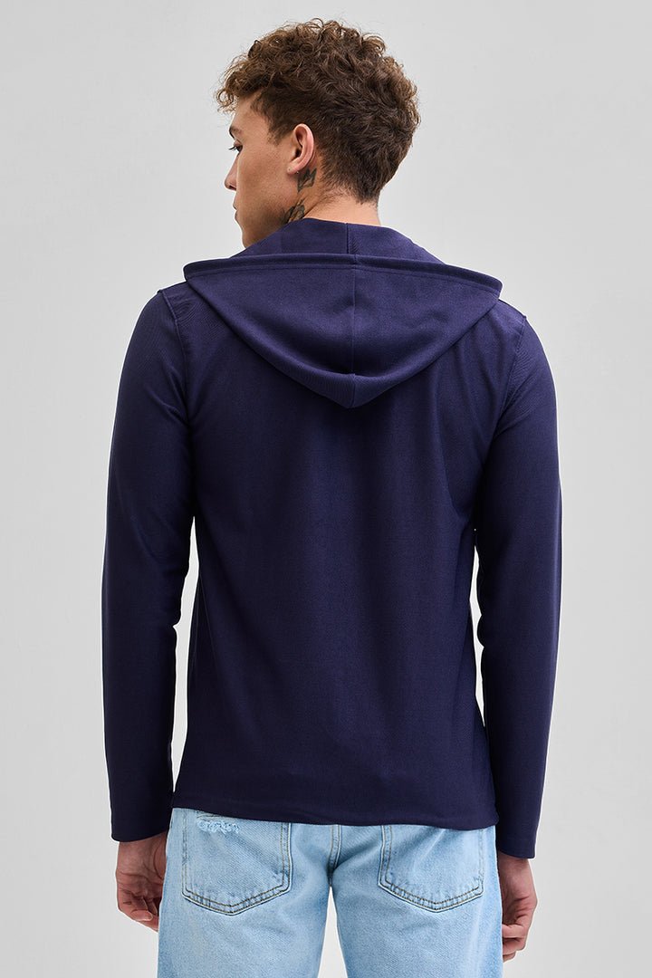 Navy Lace-Up Textured Hoodie