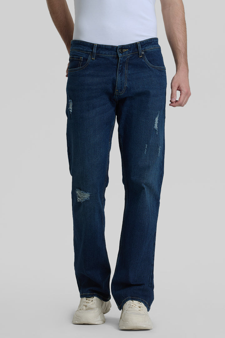 Navy Distressed Bootcut Jeans