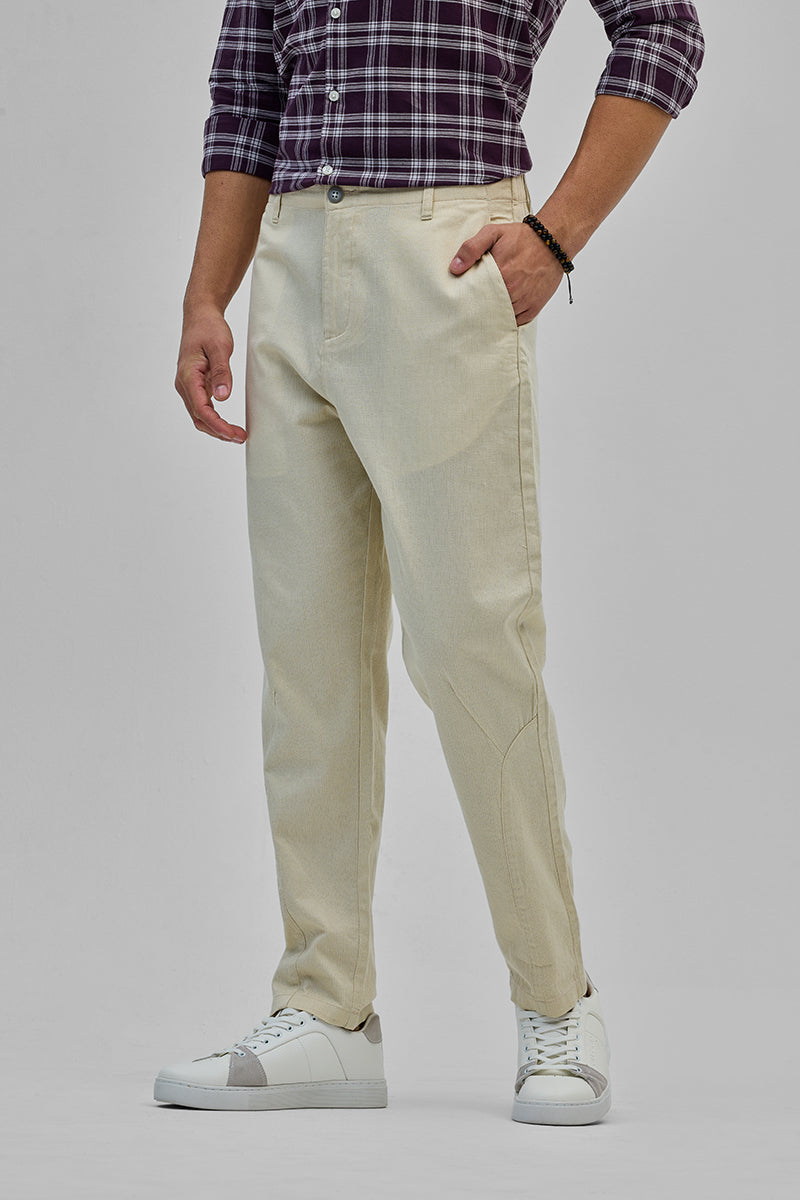 Cream Textured Relaxed Fit Trousers