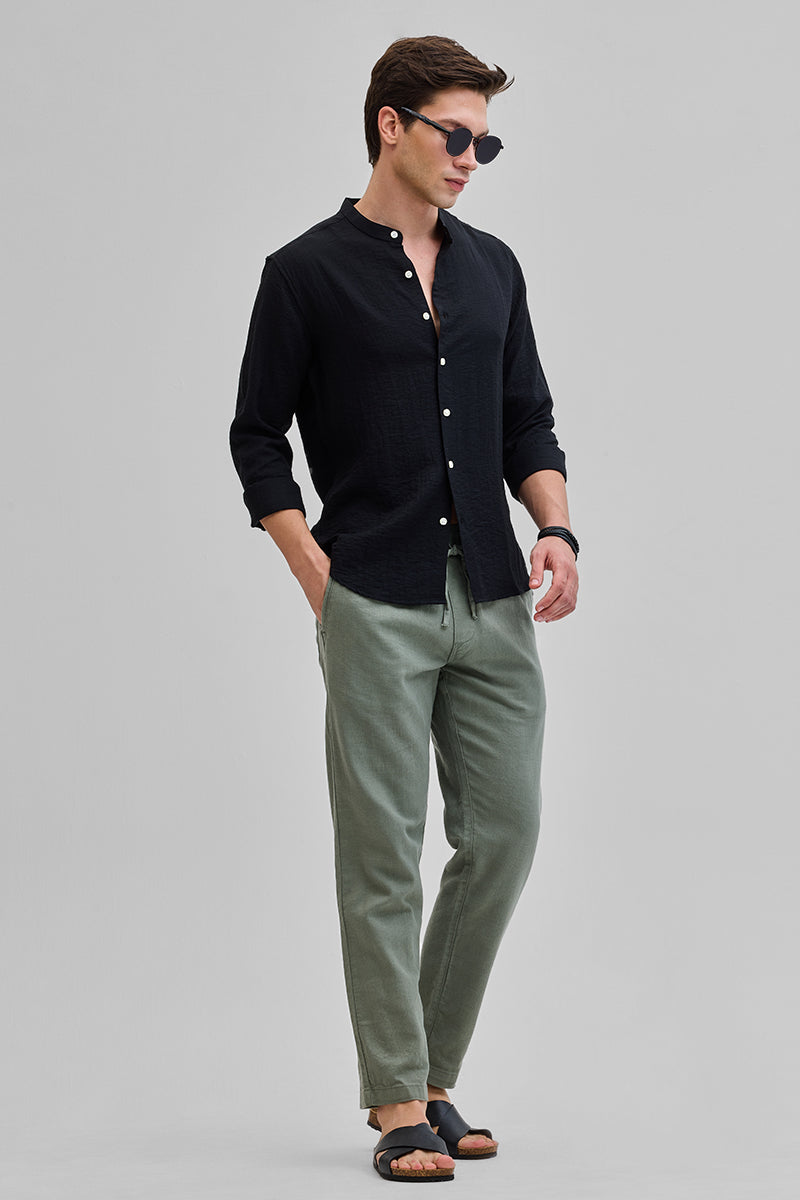 Black Mandarin Linen Blend Shirt