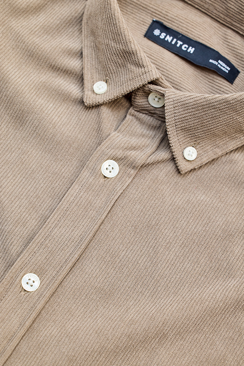 Beige Slim Fit Corduroy Shirt