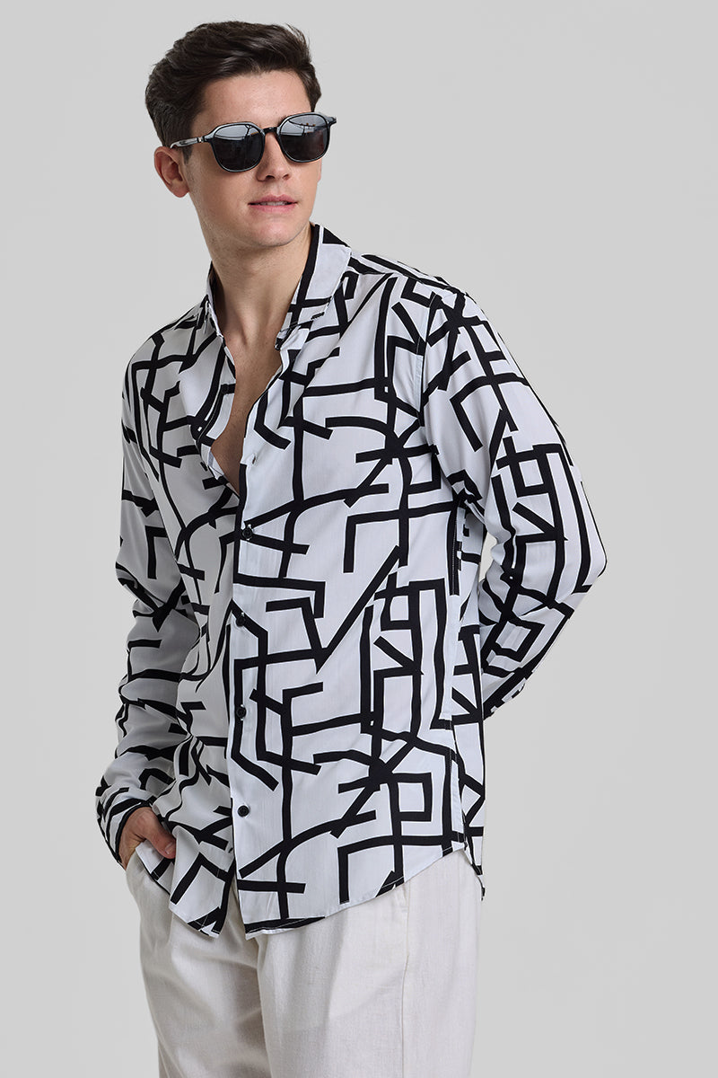 White Abstract Slim Fit Shirt