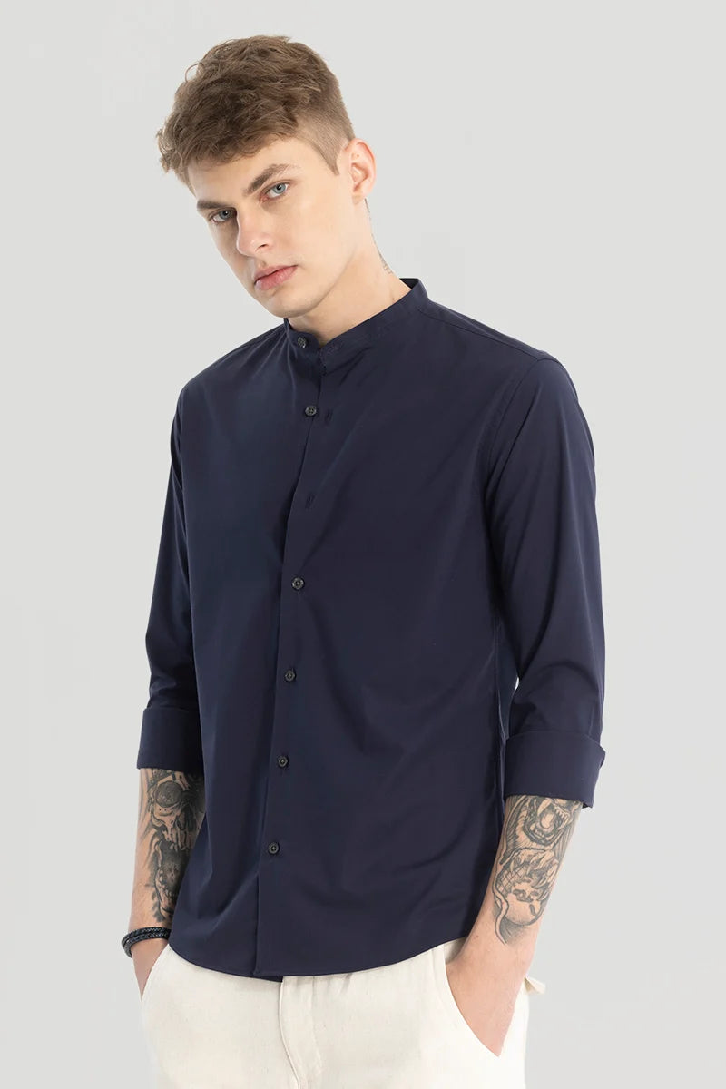 Navy Plain Mandarin Shirt