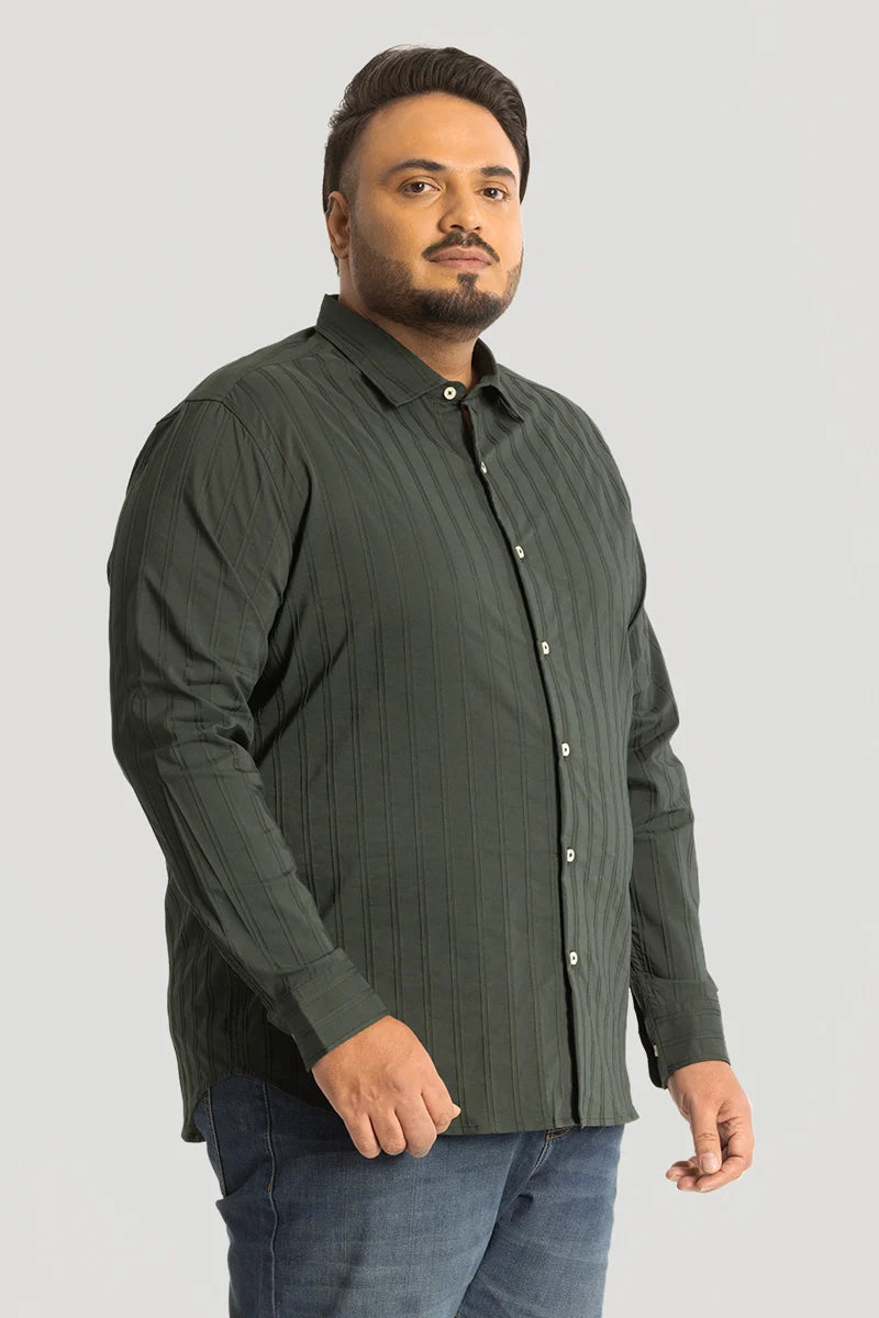 Olive Self Stripe Textured Plus Size Shirt