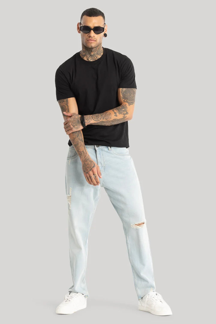 Sky Blue Distressed Baggy Fit Jeans