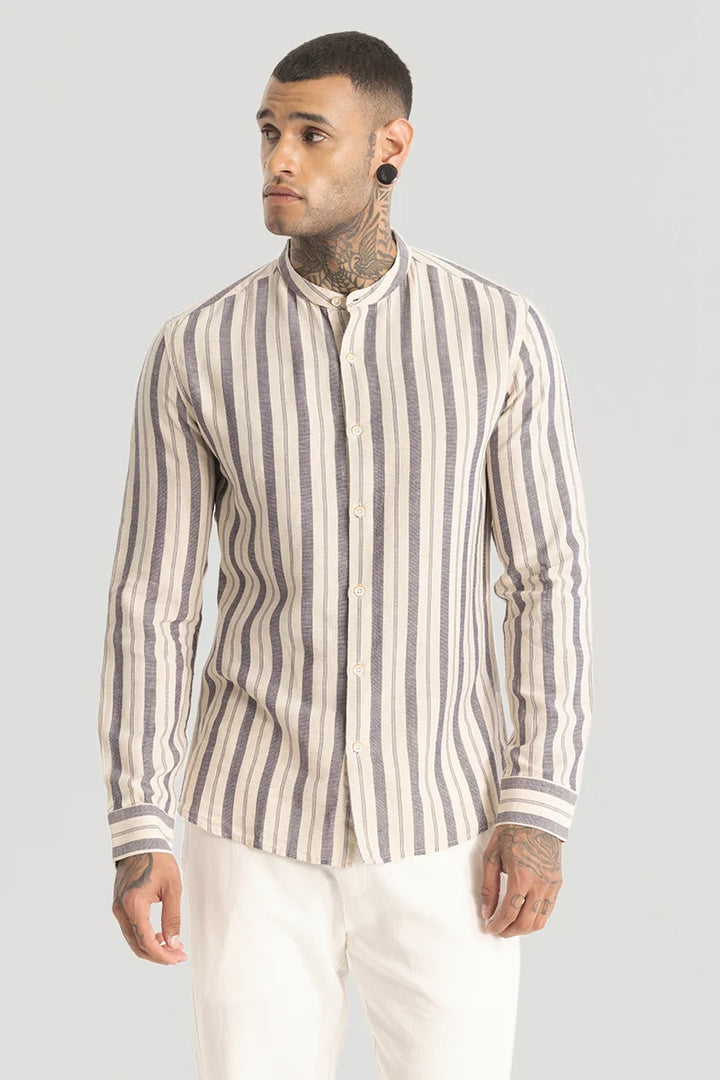 Cream Stripes Linen Blend Shirt