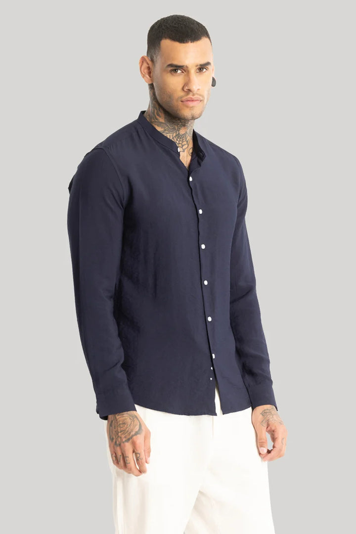 Navy Crushed Mandarin Collar Shirt