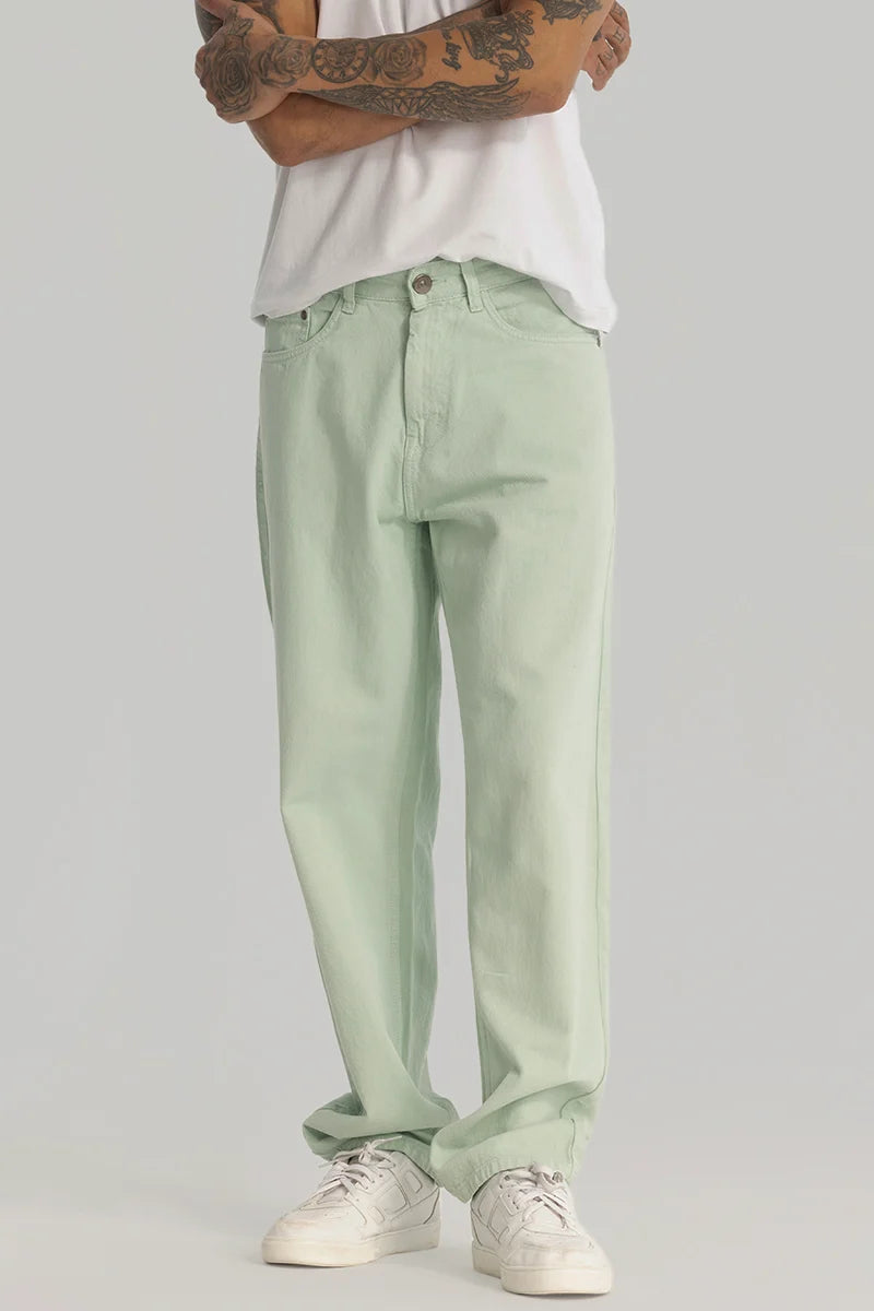 Green Plain Baggy Fit Jeans