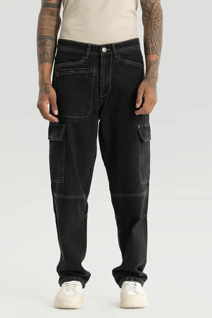 Empyrean Black Plain Straight Fit Cargo Jeans