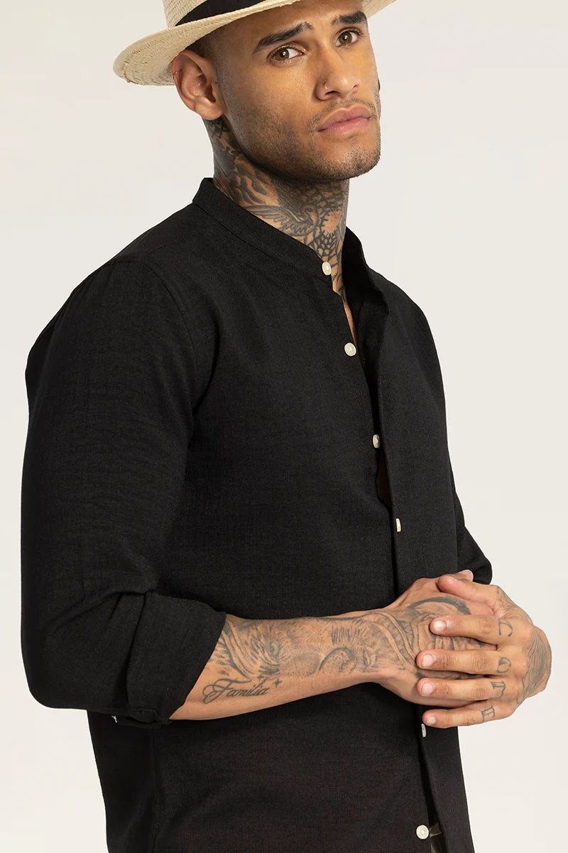 Black Mandarin Linen Shirt