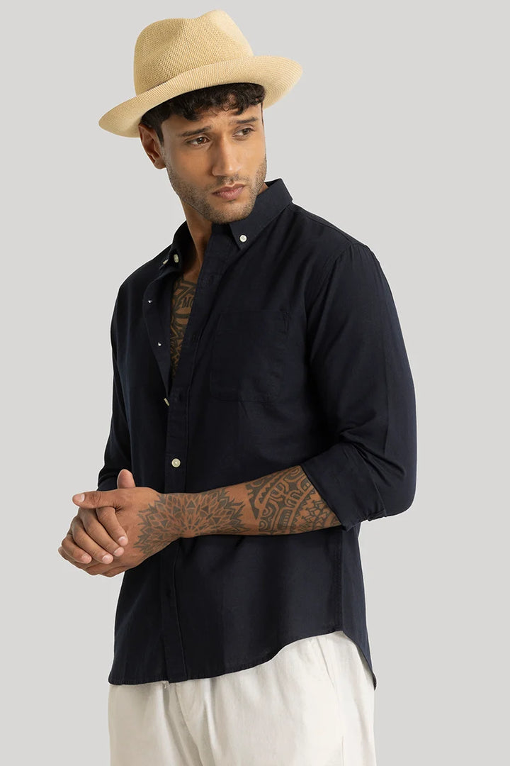 Henri Navy Plain Linen Blend Shirt