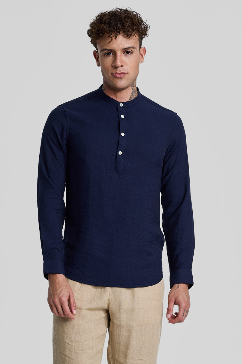 Navy Textured Slim Fit Kurta