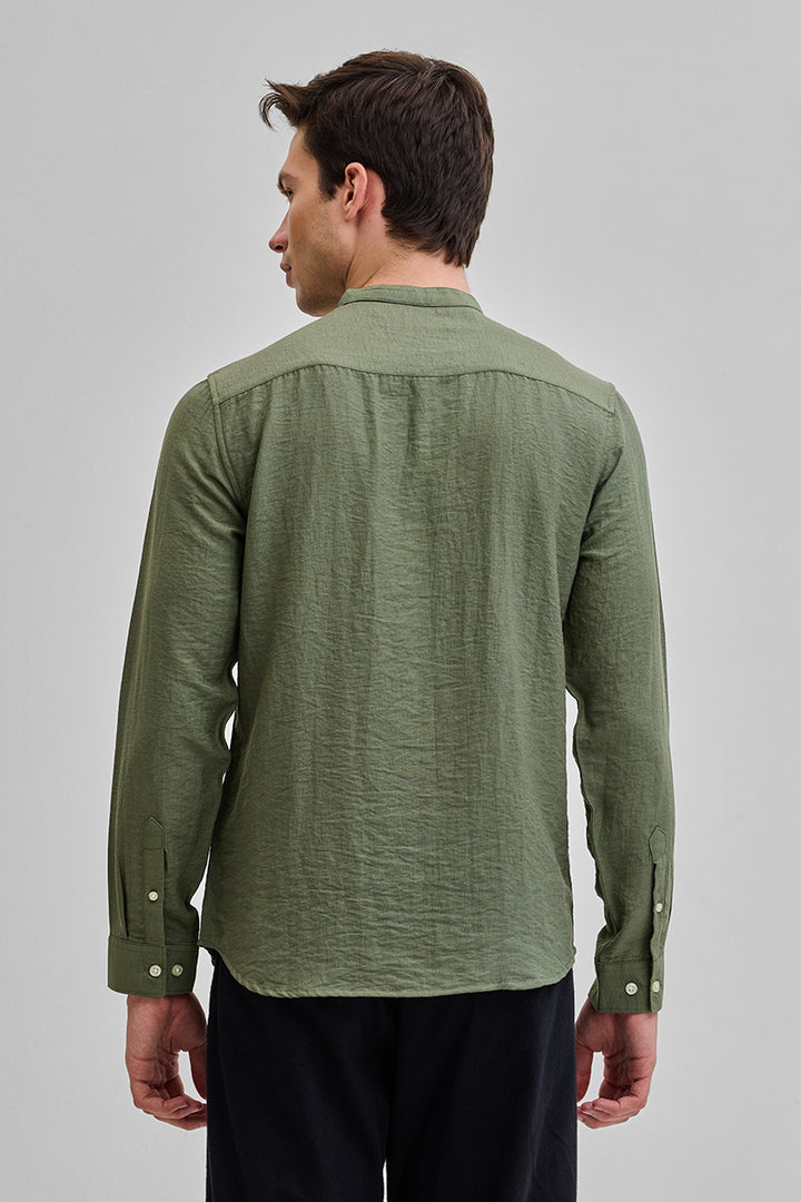 Olive Mandarin Linen Blend Shirt