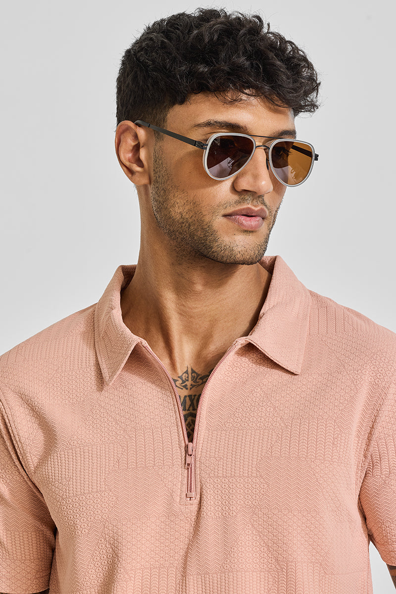 Peach Zipper Textured Polo T-Shirt