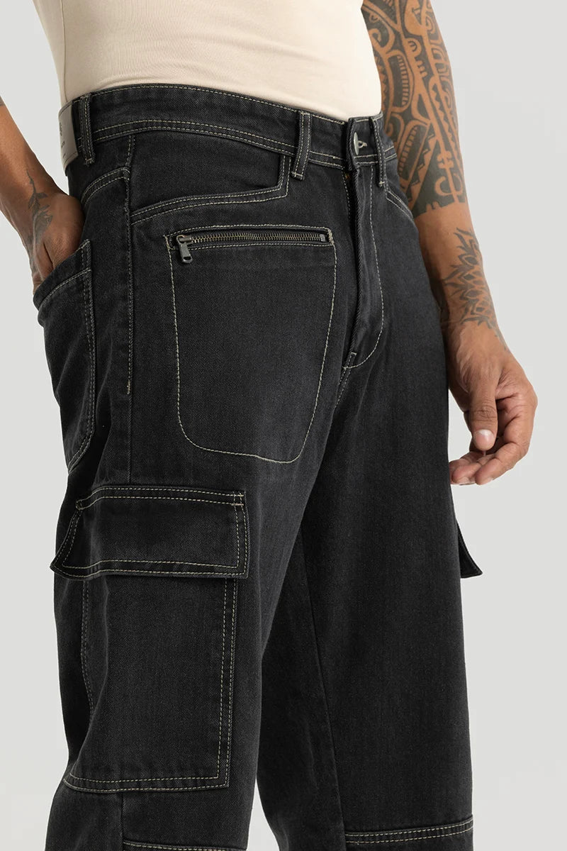 Empyrean Black Plain Straight Fit Cargo Jeans