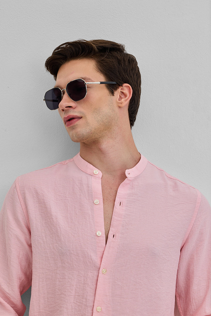 Light Pink Mandarin Linen Blend Shirt