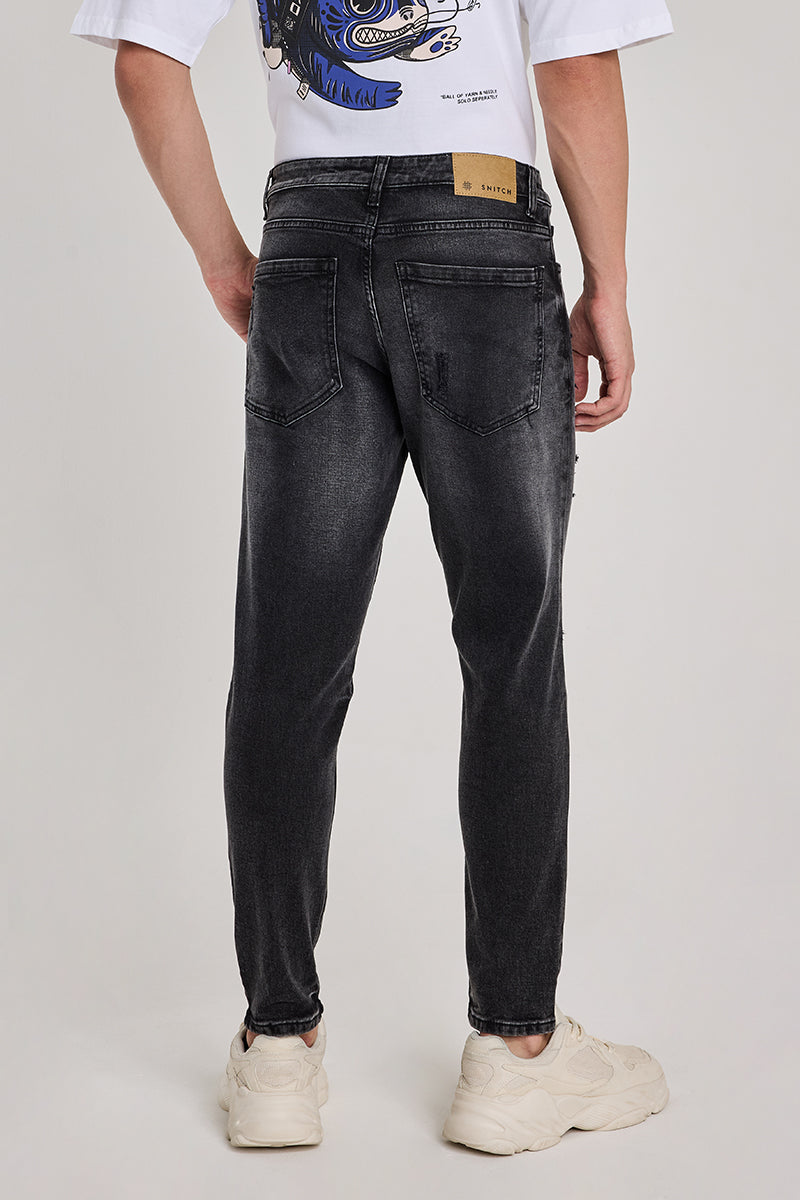 Charcoal Grey Distressed Tapered Fit Jeans