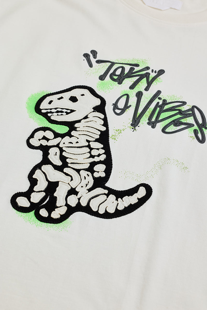 Dino Off White Printed Oversized Fit T-Shirt