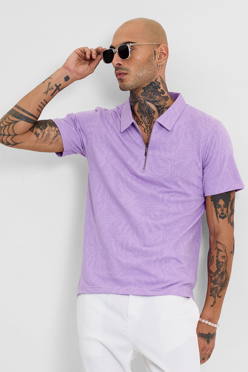 Lavender Self-Design Zipper Polo T-Shirt