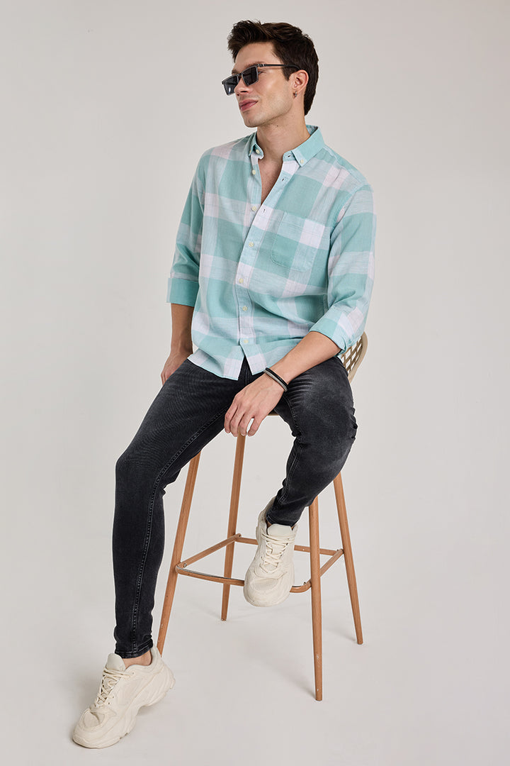 Turquoise Checks Linen Blend Shirt