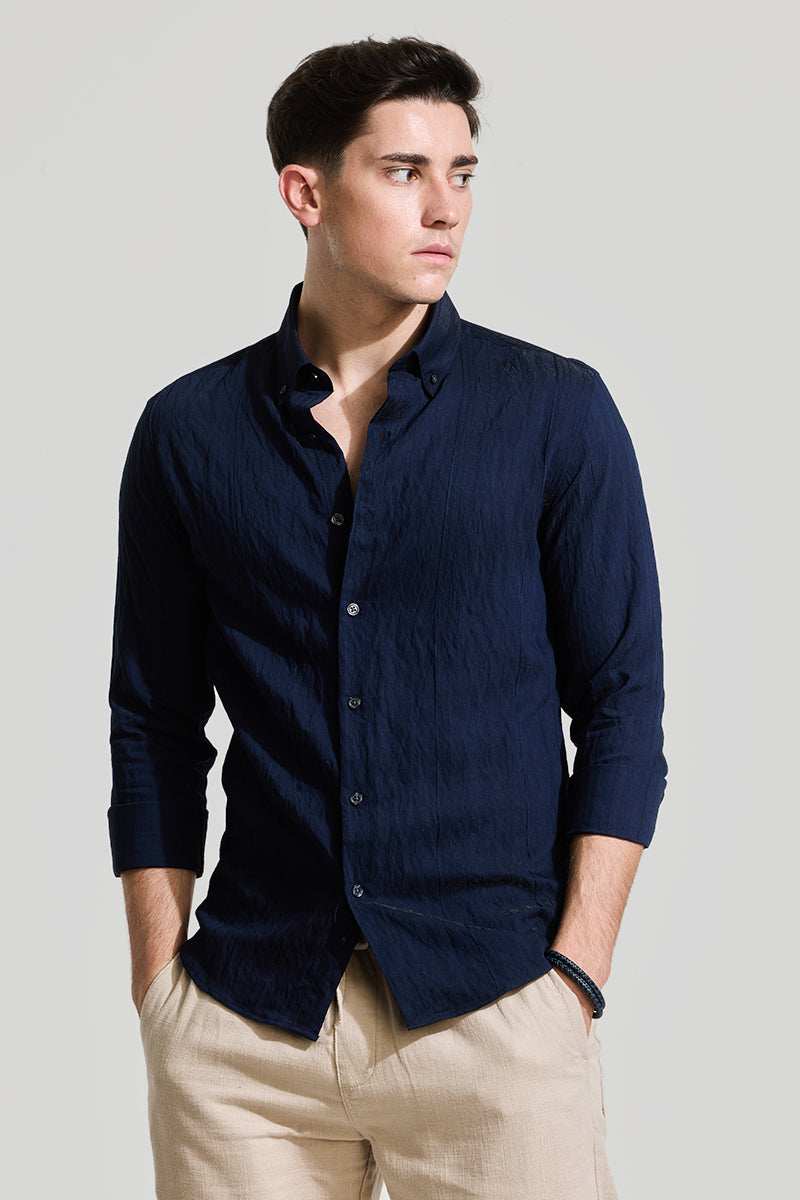 Navy Textured Slim Fit Shirt