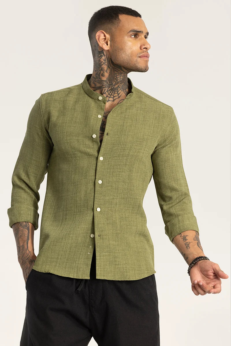 Green Mandarin Linen Shirt