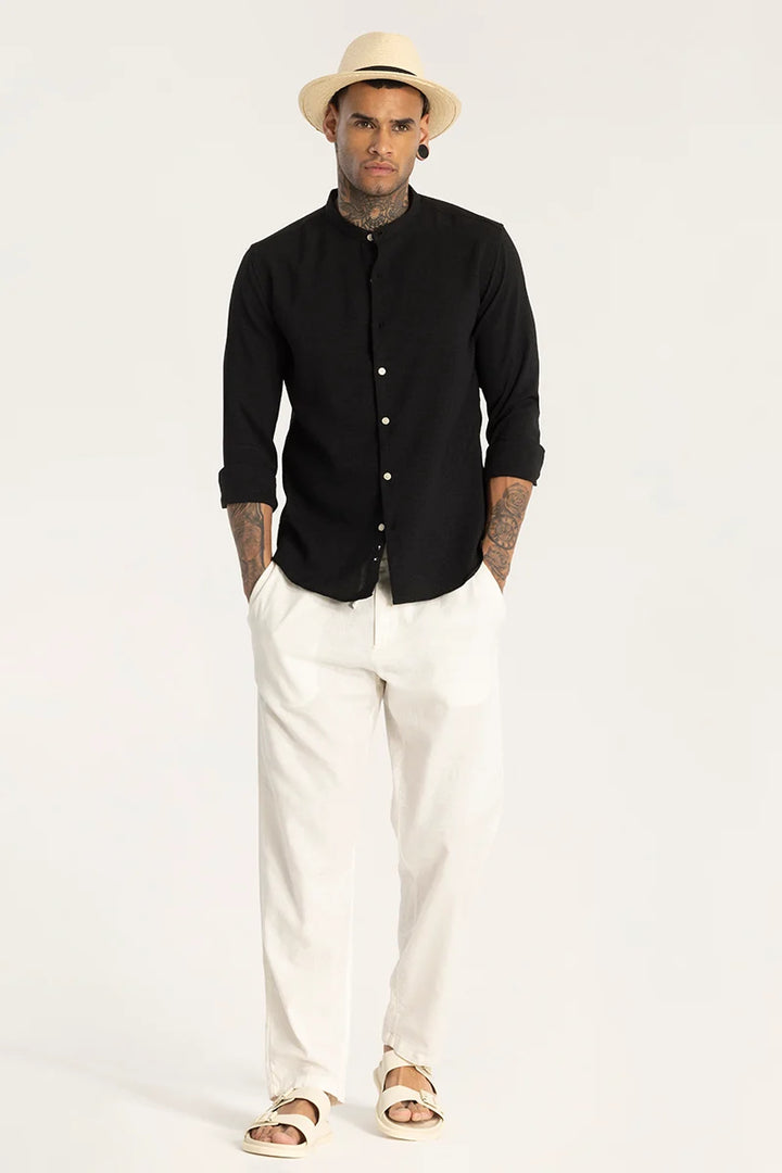 Black Mandarin Linen Shirt