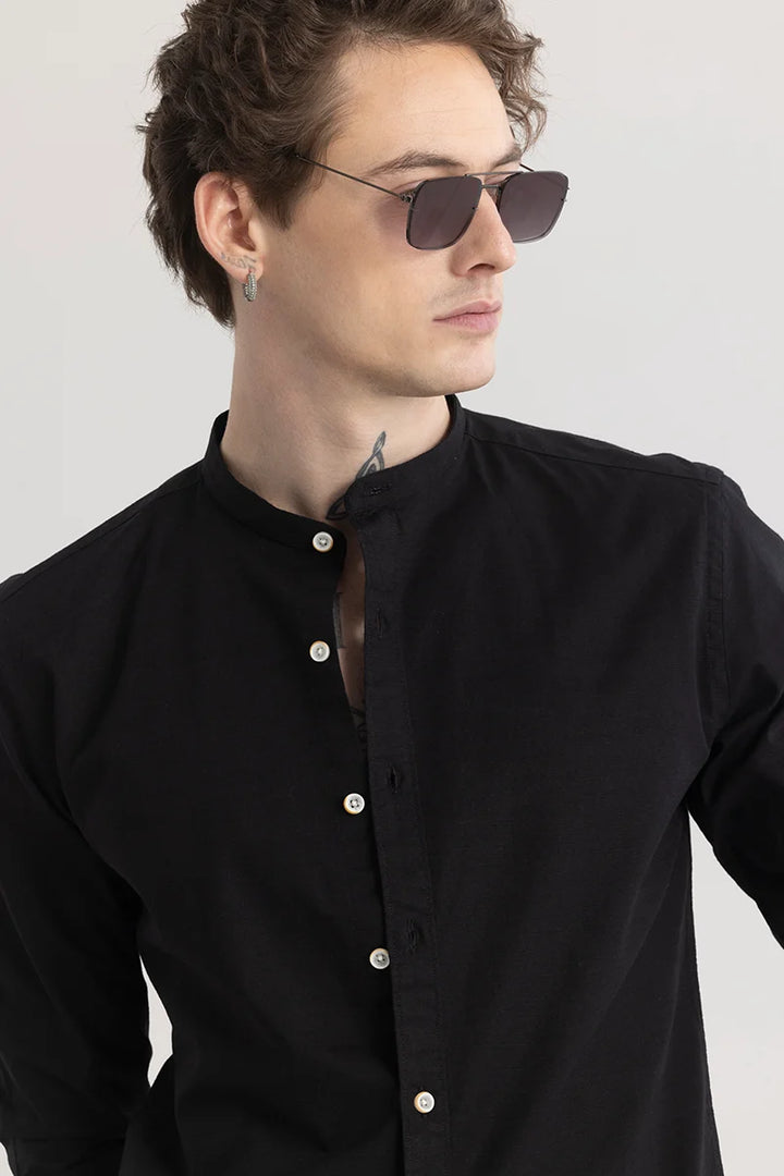 Mandarique Black Linen Blend Shirt