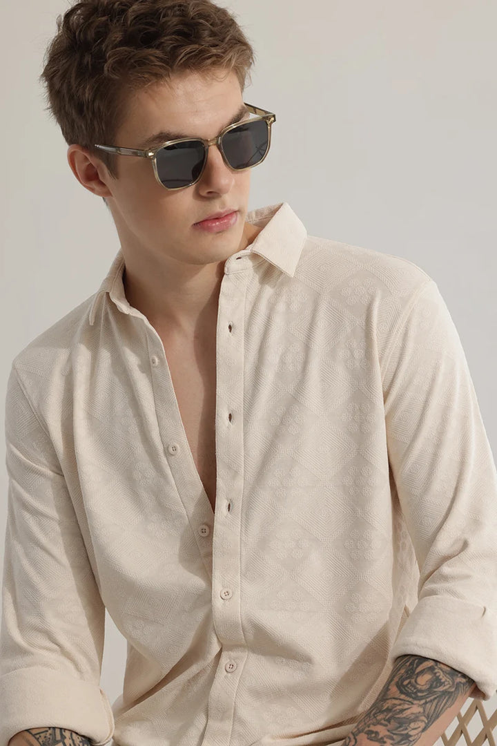 IntricWeave Beige Self-Design Shirt