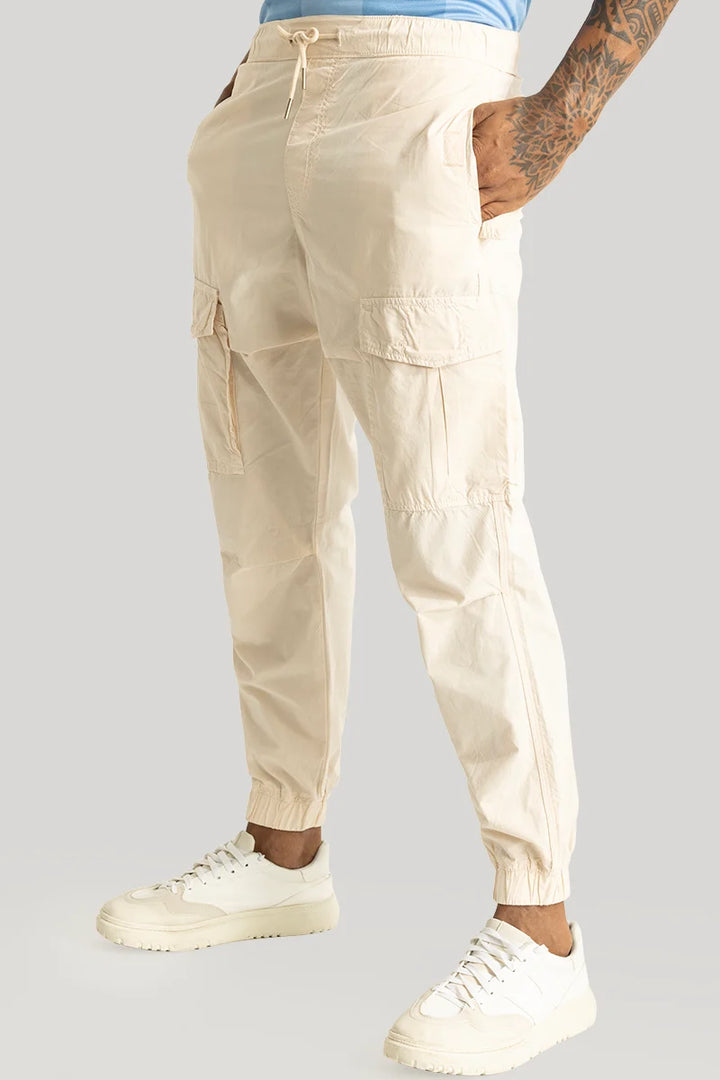 Realm Cream Plain Regular Fit Cargo Pants