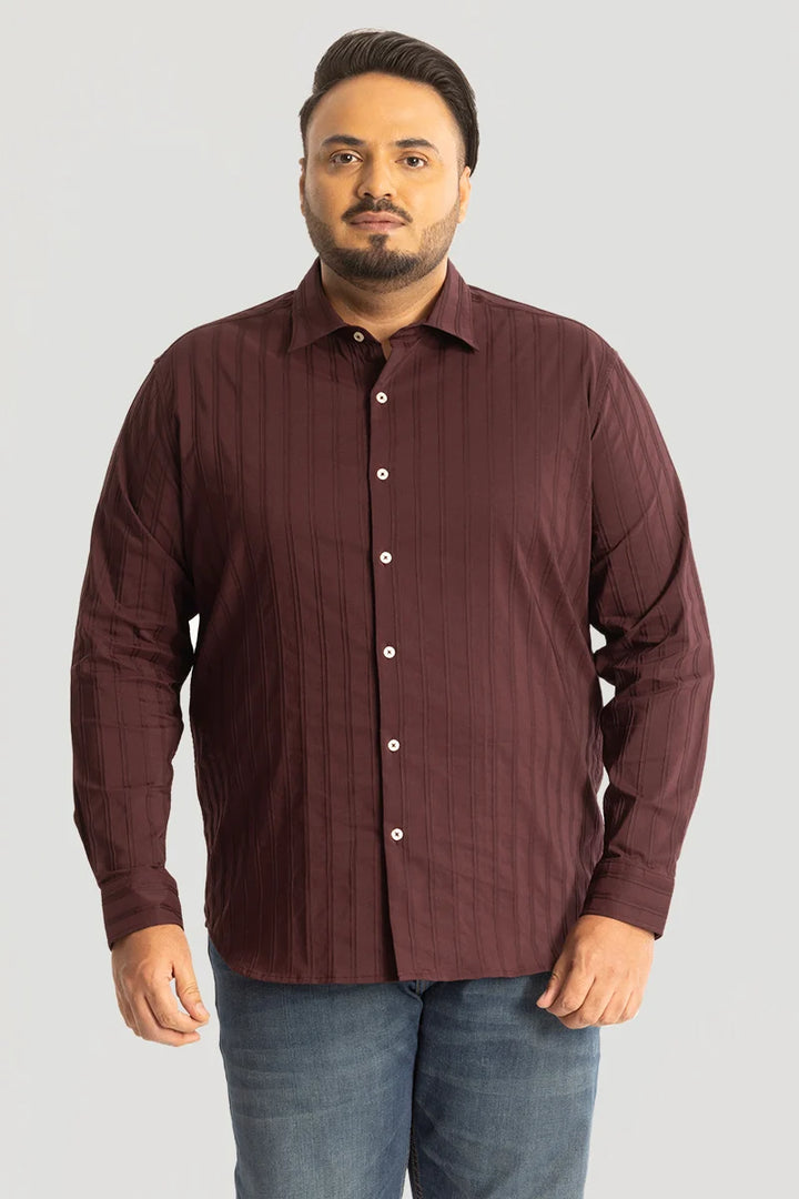 Maroon Self Stripe Textured Plus Size Shirt