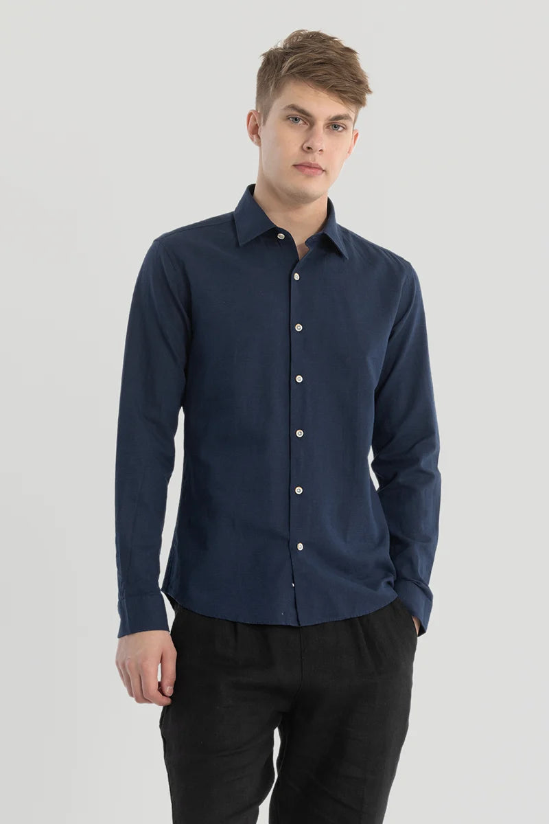 Navy Plain Linen Blend Shirt