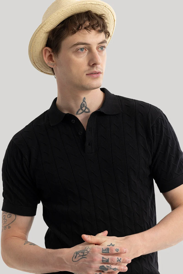 Fresco Black Knitted Polo T-Shirt