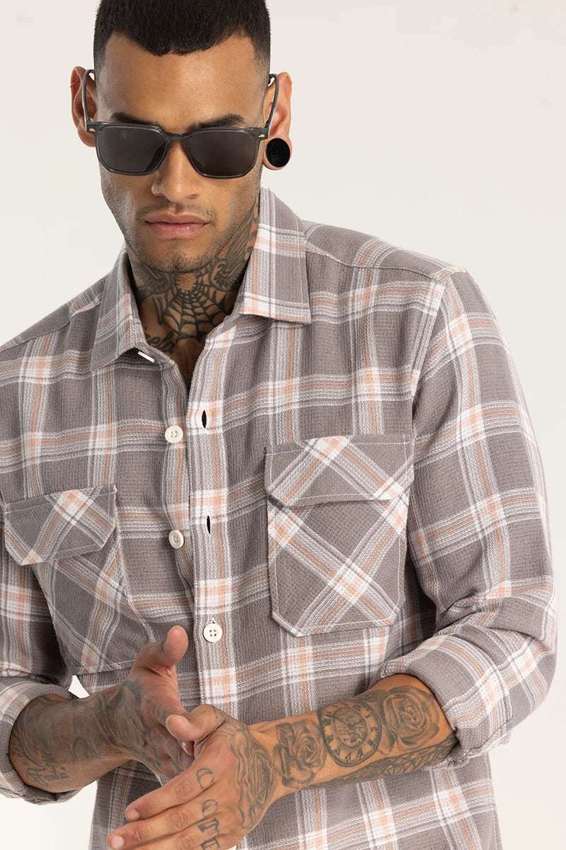 Grey Double Pocket Checks Shirt