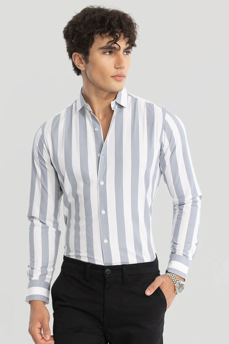 Grey Slim Fit Stripes Shirt