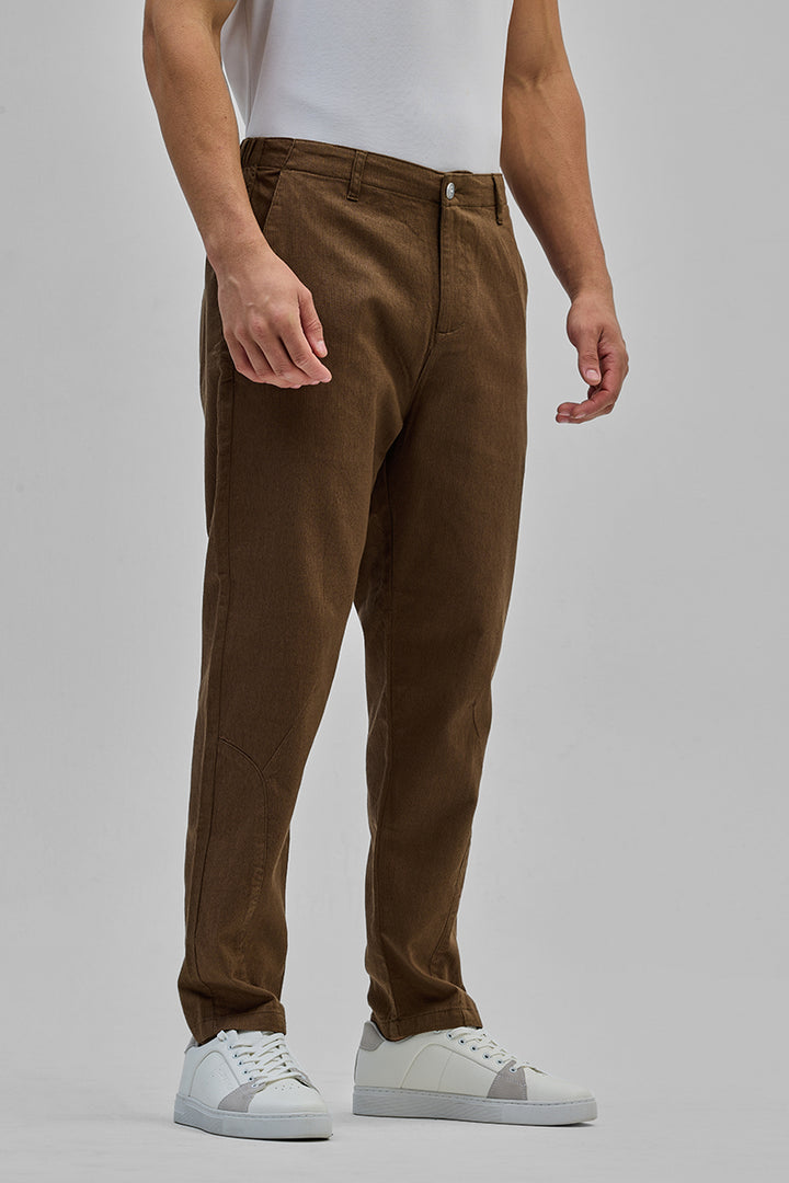 Brown Textured Relaxed Fit Trousers