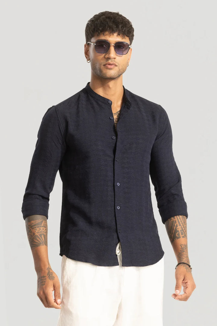 Navy Mandarin Textured Shirt