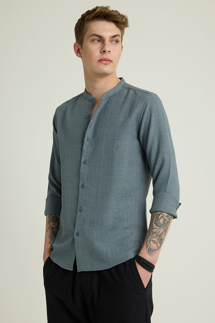 Teal Mandarin Self Stripe Shirt